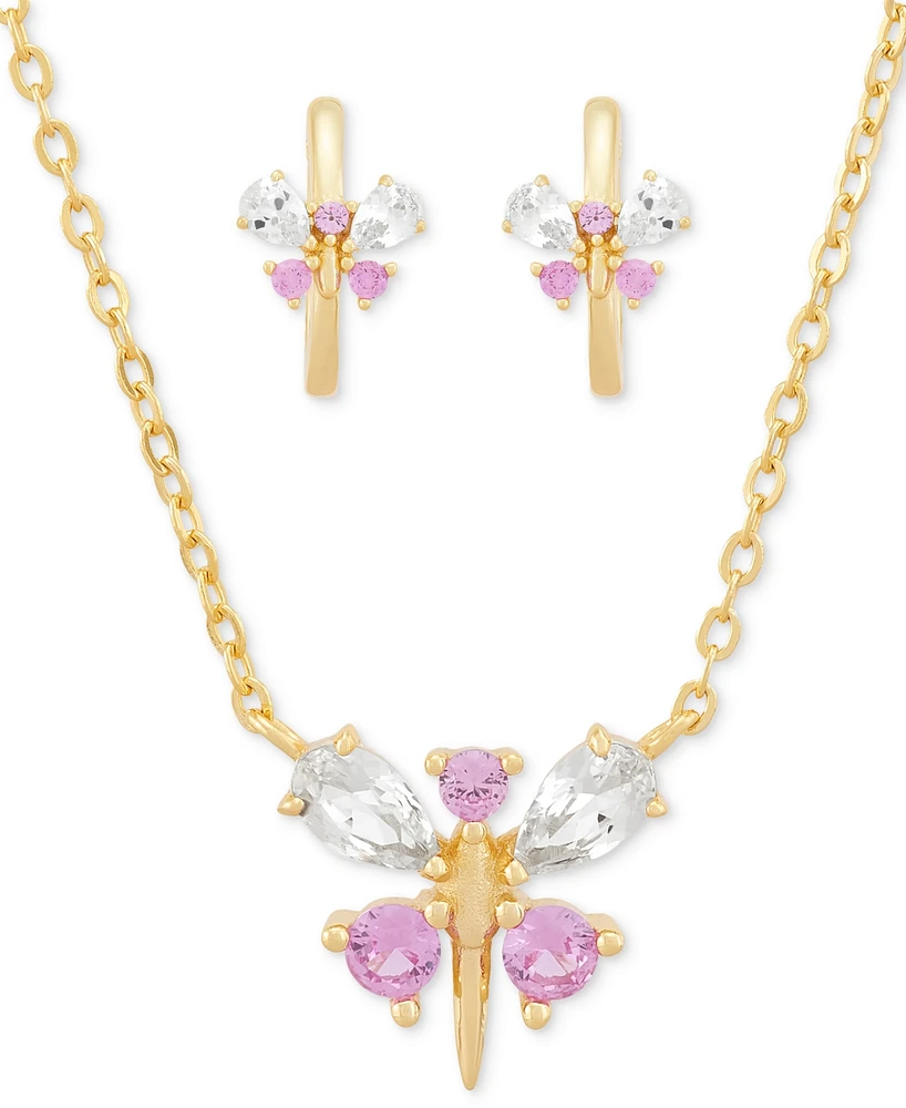 2-Pc. Set Lab Created Pink Sapphire (1/2 ct. t.w.) & Lab Created White Sapphire (1-1/20 ct. t.w.) Dragonfly Pendant Necklace & Matching Hoop Earrings