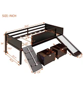 Slickblue Twin Wooden Loft Bed with Two Storage Boxes for Space-Saving Kids' Room