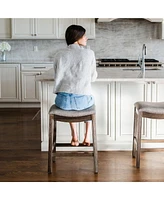 Maven Lane Adrien Backless Saddle Kitchen Counter Stool in Walnut Finish w/ Grey Fabric Upholstery