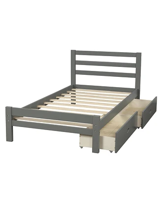 Slickblue Twin Wood Platform Bed with Two Drawers in Grey – Modern Design with Built-in Storage for a Clean and Organized Bedroom Space