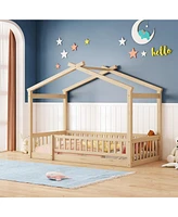 Slickblue Twin Size Wood Bed House Bed Frame with Fence, for Kids, Teens, Girls, Boys,Natural