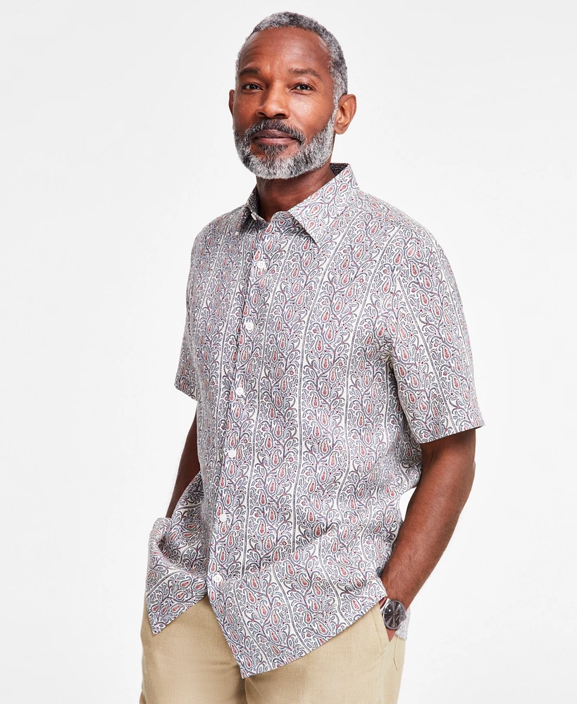 Club Room Men's Linen Paisley-Stripe Short-Sleeve Shirt, Exclusively at Macy's