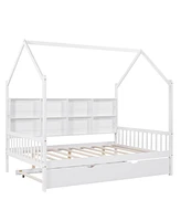 Slickblue Wooden Full Size House Bed with Trundle,Kids Bed with Shelf, White