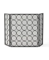 Modern 3-Panel Iron Fireplace Screen With Circular Pattern And Foldable Design