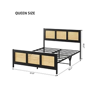 gaomon Queen Size Bed Frame with Rattan Headboard and Footboard, Rattan Platform Bed Frame, Mattress Foundation, No Box Spring Needed, Black