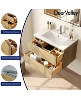 DeerValley 30'' Wall Mounted Bathroom Vanity with Ceramic Sink Top, Pre-assembled Floating Bathroom Cabinet