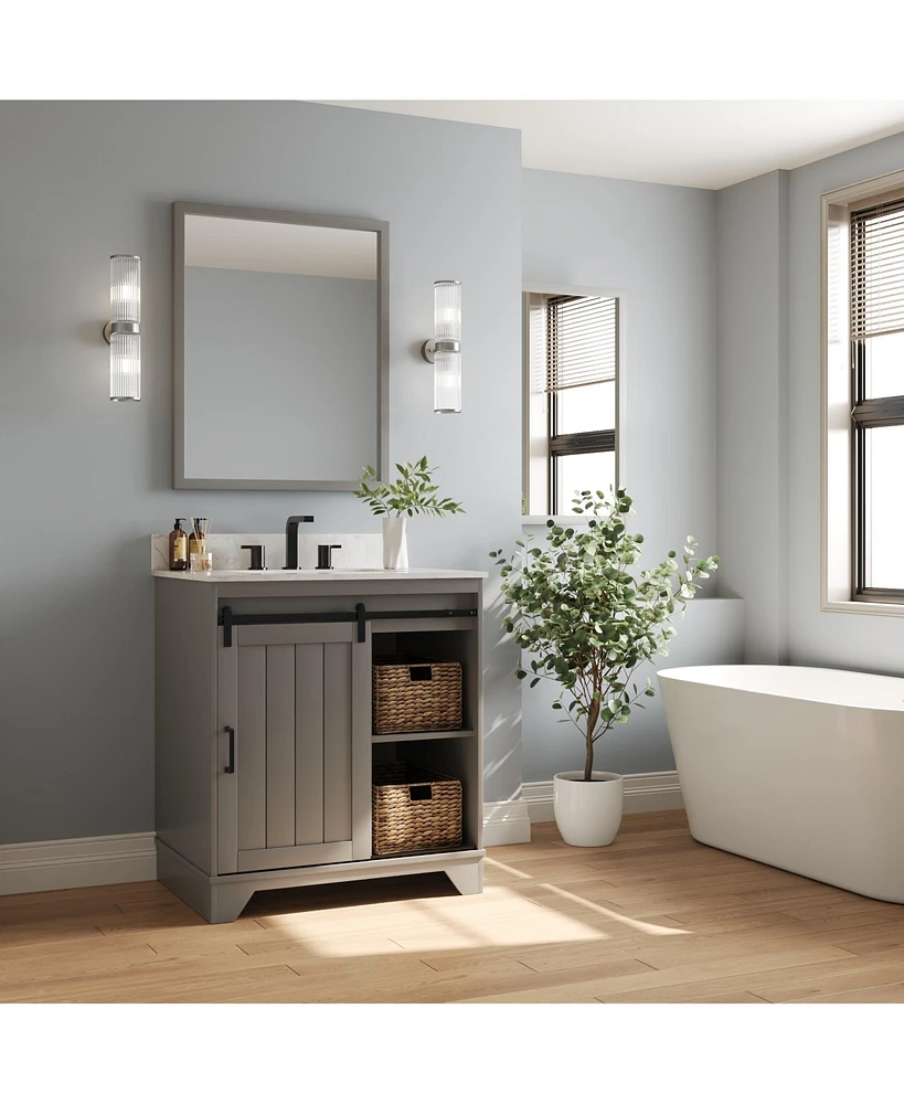 DeerValley 30'' Bathroom Vanity with Ceramic Sink Top, Pre-assembled Bathroom Cabinet with 2 Storage Baskets