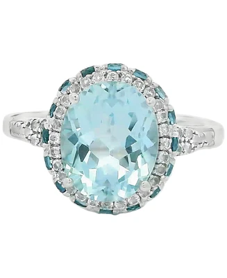 Lab Grown Sky Blue Topaz (3 ct. t.w.), Lab Grown London Blue Topaz (1-5/8 ct. t.w.) & Lab Grown White Topaz (1/5 ct. t.w.) Halo Ring in Sterling Silve