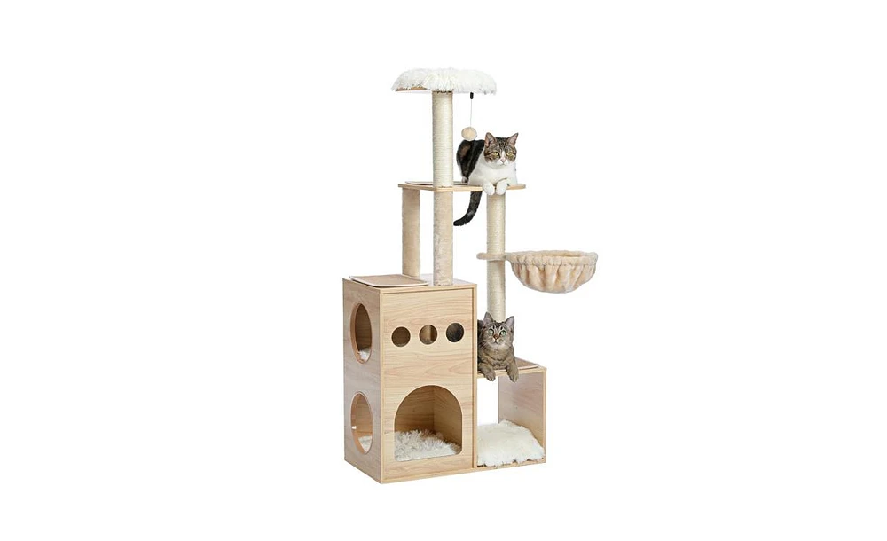 Slickblue Modern Luxury Cat Tree – Wooden Multi-Level Cat Tower Sky Castle with 2 Cozy Condos, Comfortable Perch