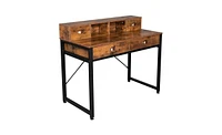 Slickblue Old Wood Table Top with Black Steel Frame and Particle Board, Featuring Two Small and Two Large Drawers Versatile Computer and Study Desk