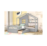 Slickblue Twin Size House Bed with Sofa, Kids Platform Bed with Two Drawers and Storage Shelf