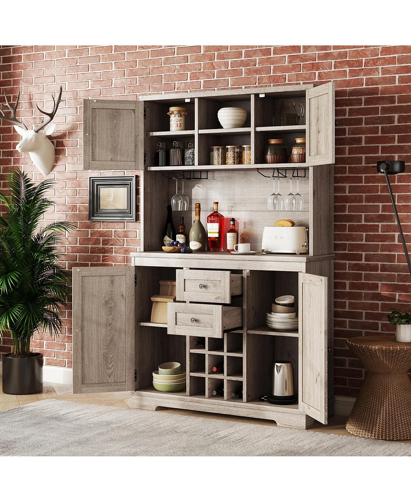 Coffee Bar Cabinet Kitchen Cabinet with Storage, Farmhouse Wine Cabinet with Drawers shelves and cabinets, Buffet Cabinet Wine & Glass Racks for Dinin