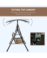 3-Person Porch Swing with Stand, Outdoor Swing for Patio Porch with Adjustable Tilt Canopy and Comfortable Swing Bench-Style Seat, Steel Frame, Brown