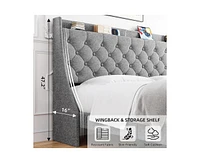 gaomon King Size Bed Frame with Charging Ports & Storage Shelf, Upholstered Platform Bed with Wingback Headboard, No Box Spring Needed, Gray
