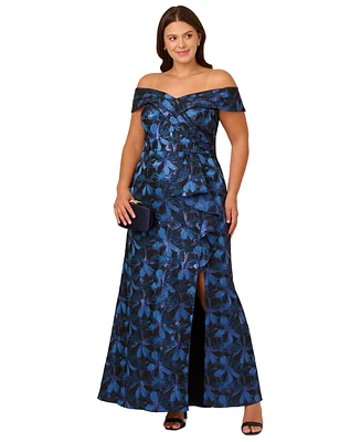 Adrianna Papell Plus Floral Jacquard Off-The-Shoulder Gown