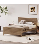 Slickblue Wood Platform Bed Frame with Headboard, Mattress Foundation with Wood Slat Support, No Box Spring Needed Walnut