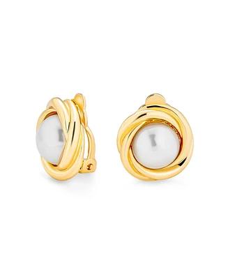 Bling Jewelry Simple White Pearl Cabochon Oval Clip-On Earrings 14K Gold Plated Non-Pierced Ears