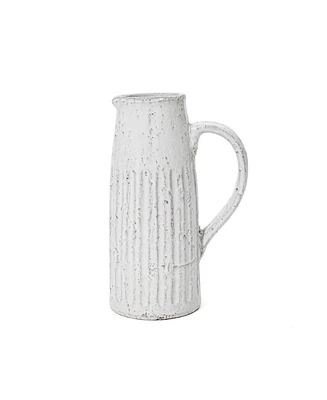 LuxenHome Vintage White Ribbed Terracotta Pitcher Vase with Handle