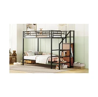 Slickblue Twin Over Twin Metal Bunk Bed with Lateral Storage Ladder and Wardrobe for Space Efficiency