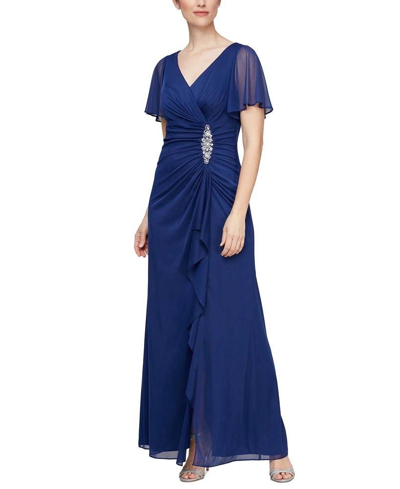 Alex Evening Women's Embellished Flutter-Sleeve Gown