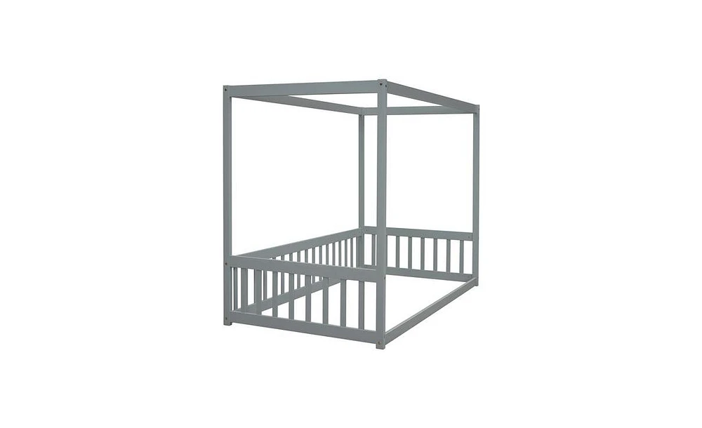 Slickblue "Twin Size Grey Canopy Floor Bed Frame with Fence and Guardrails