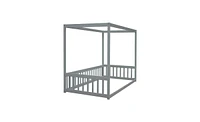 Slickblue "Twin Size Grey Canopy Floor Bed Frame with Fence and Guardrails