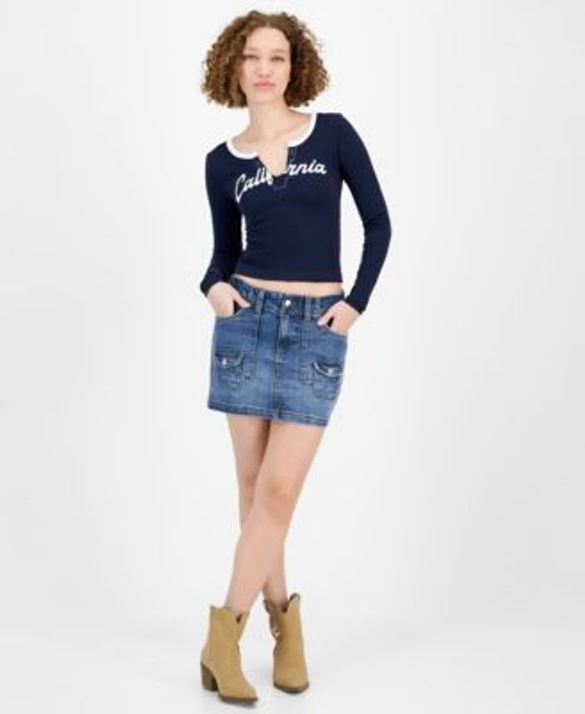 Planet Heart Juniors Seamless Graphic Long Sleeve Celebrity Pink Juniors Denim Mini Cargo Skirt