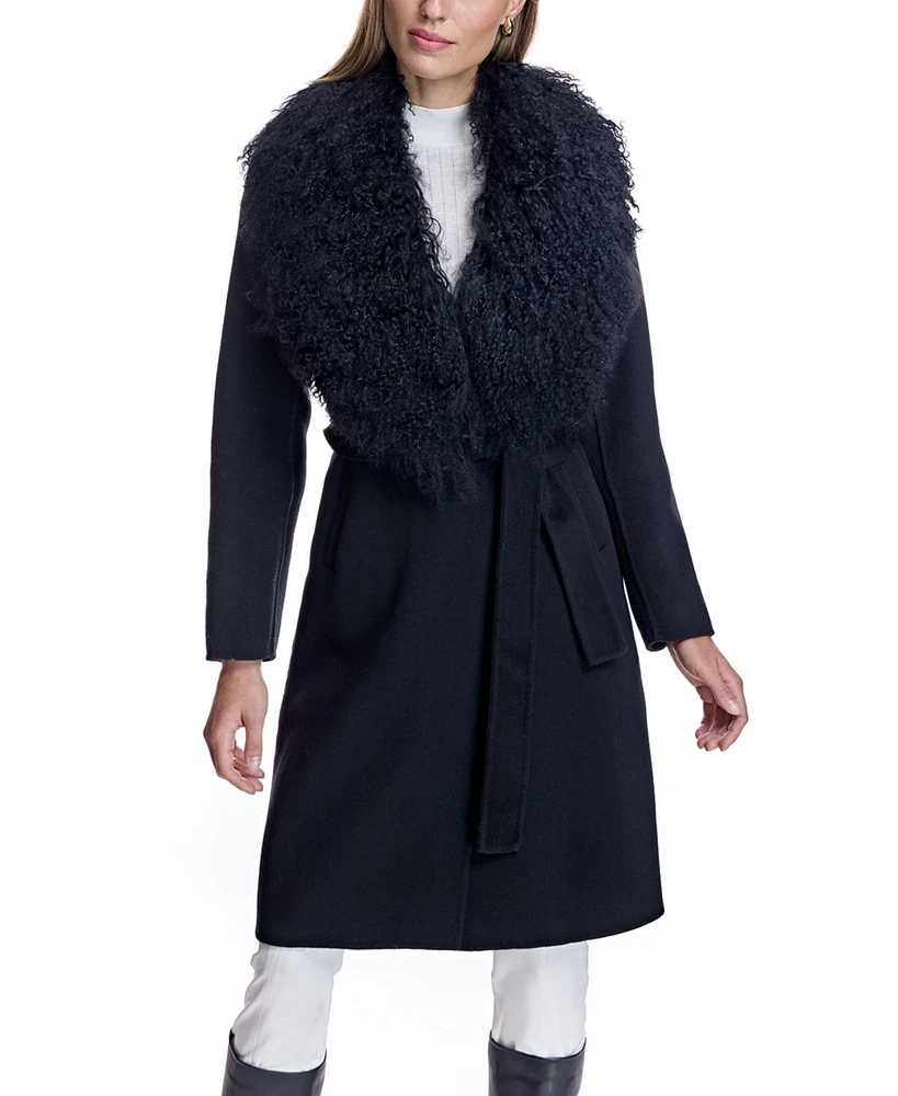 Julia & Stella by Maximilian Women's Wool Wrap Coat With Shearling Trim