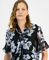 Kasper Women's Printed Tie-Front Ruffle-Sleeve Blouse