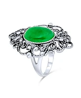 Bling Jewelry Trendy Antiqued Style Filigree Statement Oval Natural Dyed Green Jade Armor Full Finger Ring For Women Oxidized .925 Sterling Silver