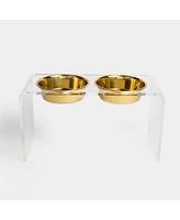 Hiddin Large Clear Double Pet Bowl Feeder with Gold Bowls