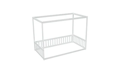 Slickblue Twin Size White Canopy Floor Bed Frame with Fence and Guardrails