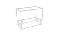 Slickblue Twin Size White Canopy Floor Bed Frame with Fence and Guardrails