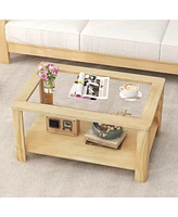 Gymax 2-Tier Coffee Table w/ Tempered Glass Tabletop & Storage Shelf Rounded Corners