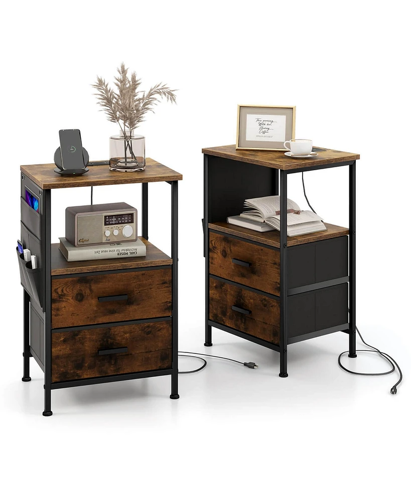 Gymax 2PCS Nightstand with Charging Station Industrial Bedside Table w/ 2 Drawers