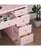 Famapy Pink Modern Makeup Vanity Desk 9-Drawers Wood Dressing Table with 3 Mirrors, Hidden Storage Shelves, Led Lighted Lights