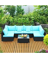 Sugift 7 Pieces Sectional Wicker Furniture Sofa Set with Tempered Glass Top-Blue