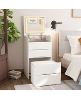Famapy White Makeup Vanity Sets Dressing Chest with Flip-top Mirror, 3-Drawers, See-Through Glass Top, Led Lights and Stool