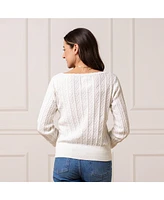 Hope & Henry Women's Organic Balloon Sleeve Cable Knit Button Front Sweater