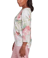 Alfred Dunner Petite Coming Up Roses Beaded Split-Neck Top