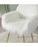 Slickblue White Faux Fur Upholstered Makeup Chair and Side Dining Chair with Metal Legs for Stylish Seating