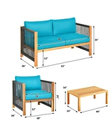 Sugift 4 Pieces Acacia Wood Sofa Set with Cushions for Outdoor Patio-Blue