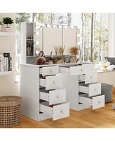 Famapy White Makeup Vanity Desk 9 Drawers Wood Dressing Table With 3 Led Bulb Light Mirrors, Glass Top, Hidden Storage Shelves