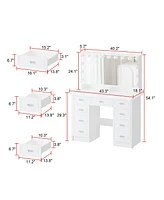 Famapy White Makeup Vanity Table Dressing Desk W/3-Mirrors,Lighted Mirror, Drawers, Hidden Storage Shelves Carved Metal Handles