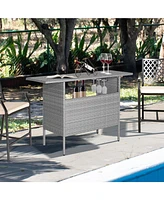 Sugift Outdoor Patio Wicker Bar Table with Metal Shelves