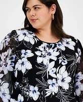 Kasper Plus Floral Blouson-Sleeve Blouse