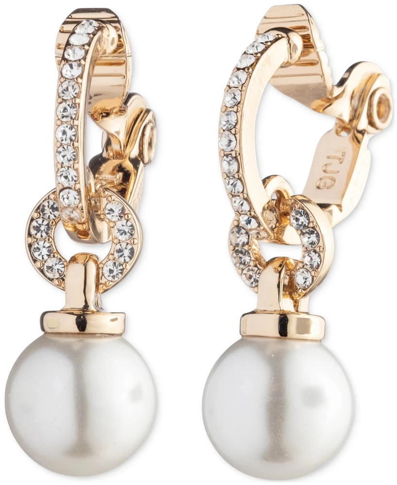 Lauren Ralph Lauren Gold-Tone Imitation Pearl & Pave Drop Clip On Earrings