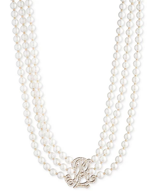 Lauren Ralph Lauren Gold-Tone Imitation Pearl Three Strand Logo Collar Necklace, 17" + 3" extender