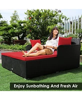 Sugift Spacious Outdoor Rattan Daybed with Upholstered Cushions and Pillows