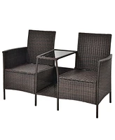 Sugift Rattan Patio Conversation Set Cushioned with Glass Table
